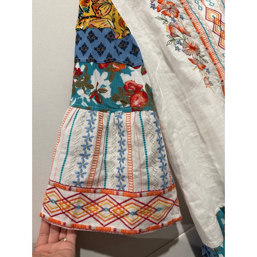 John Mark Floral Embroidered Patchwork Linen Top … - image 3